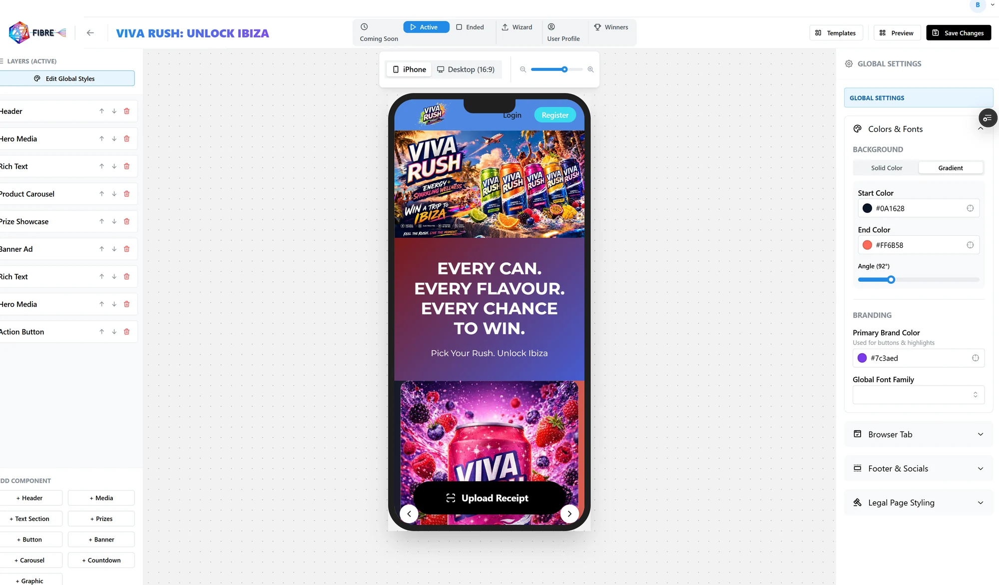 FIBRE campaign builder: component list on the left, live phone preview in the middle, colours and fonts on the right