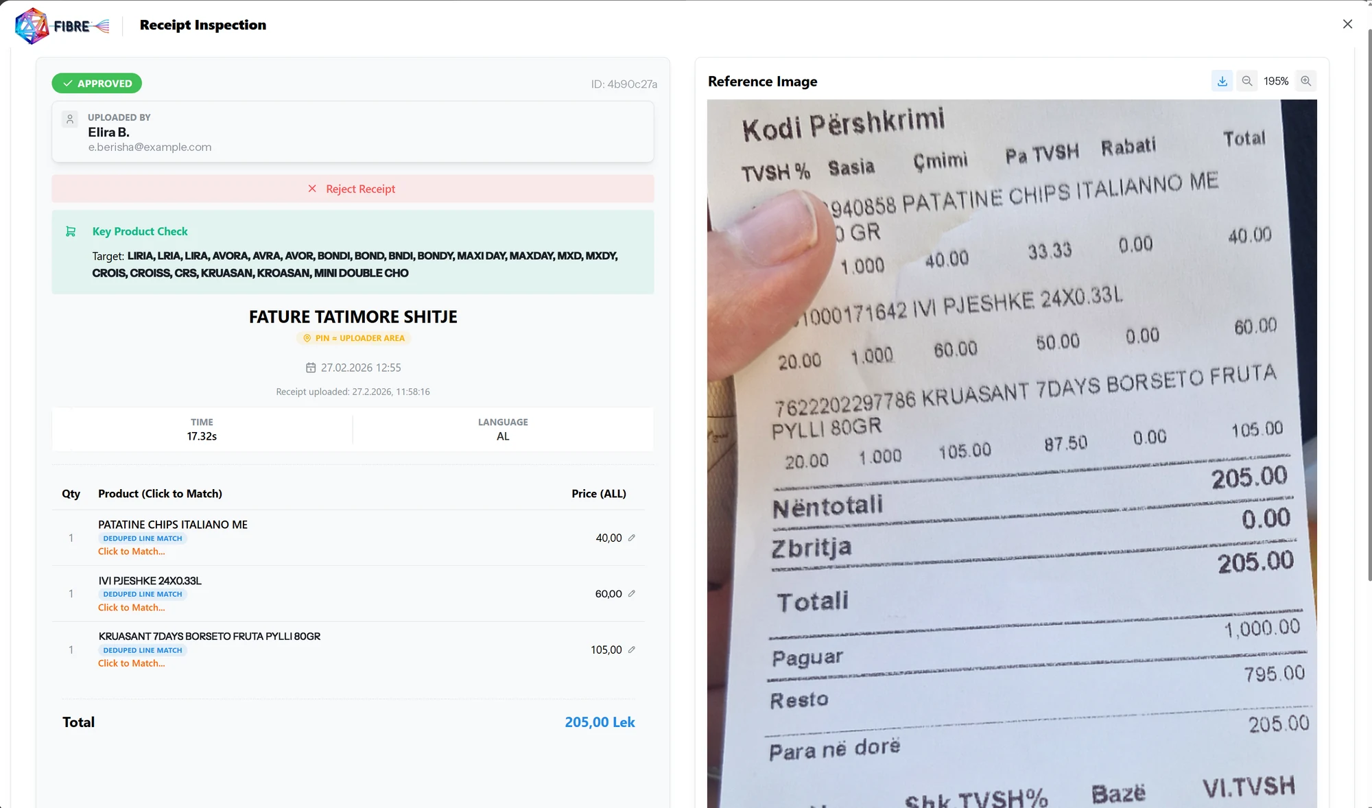 FIBRE receipt validation console: the line items read from the receipt on the left, the submitted receipt itself on the right