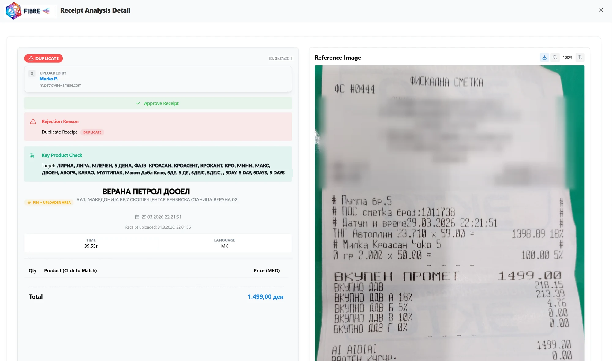 FIBRE receipt console with a rejected receipt: rejection reason duplicate, with the option to approve anyway